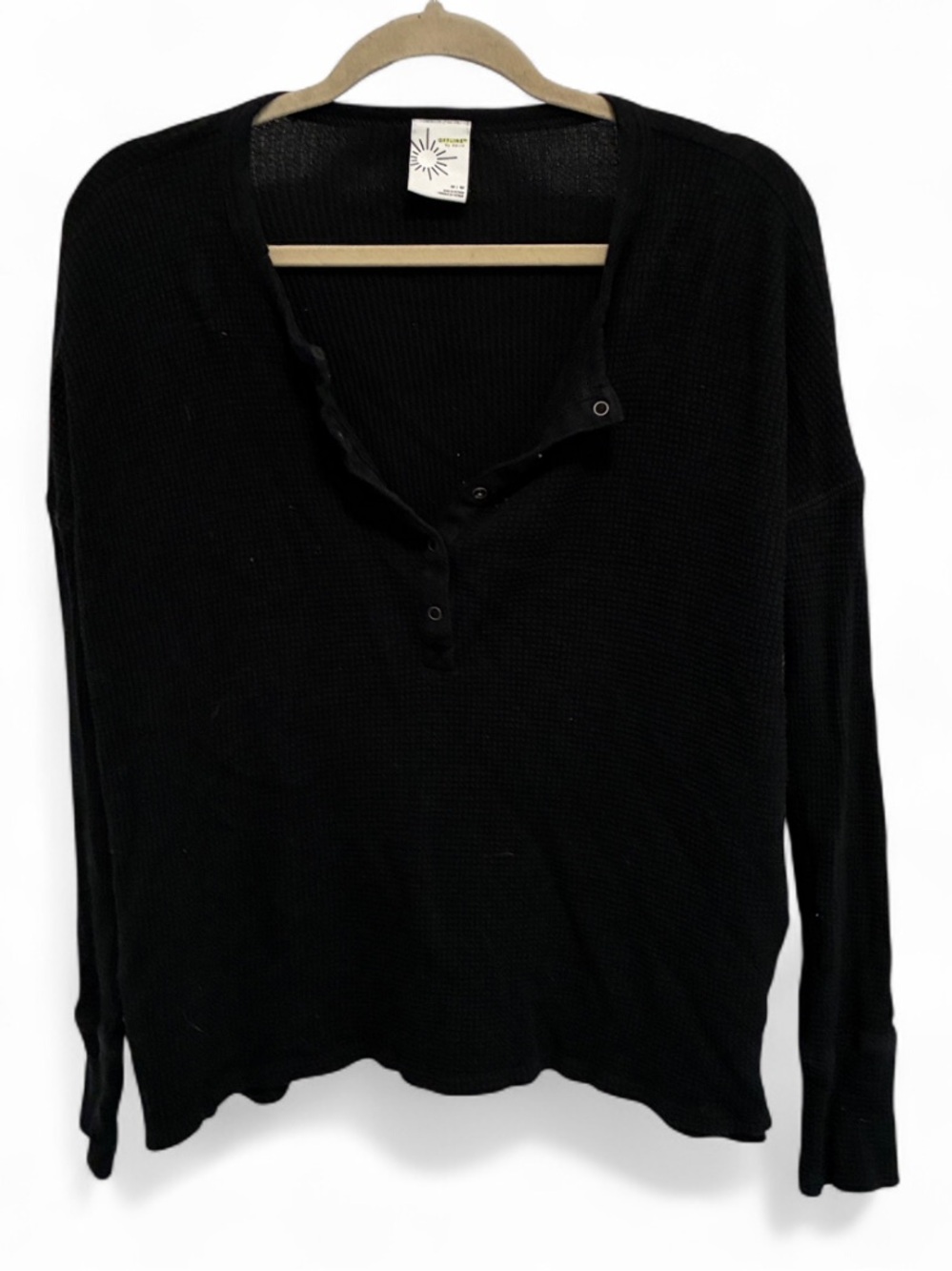 aerie Offline Black Oversized Long-Sleeve Henley Waffle Knit Top